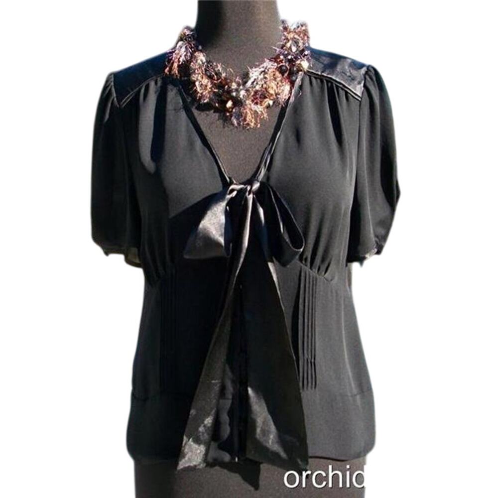 Cache Black Silk Ruched Front Button Self Tie Peek A Boo Sheer Top New $118 NWT